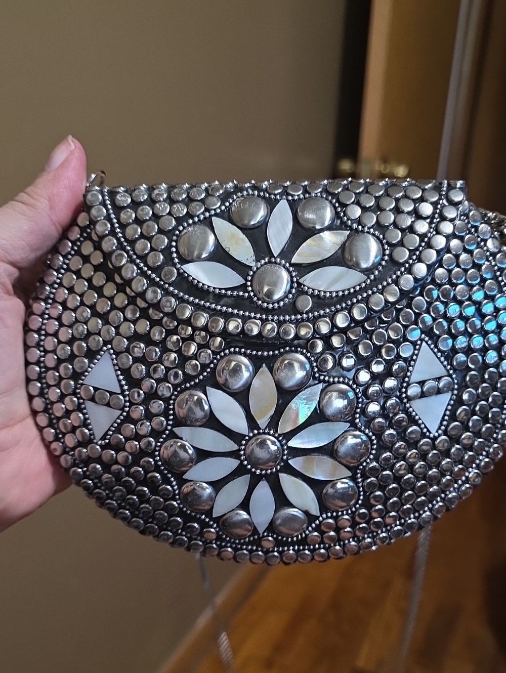 Ramla Hand-Embellished Silver Floral Crossbody Bag